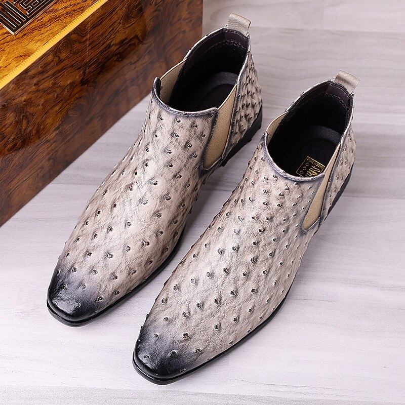 Men's Gray Faux Leather Chelsea Boots – Ostrich Pattern Slip-On Ankle Dress Shoes for Business, Formal Events and Daily Wear3