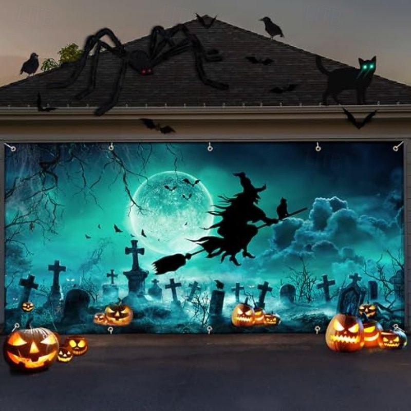 Halloween Garage Door Cover Night Witch Flying Broom Pumpkin Cemetery Ruined Castle Large Outdoor Backdrop with Grommets Yard Front Porch Wall Decorations