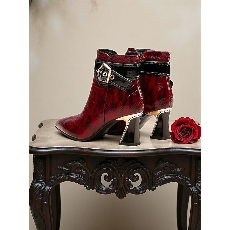 Women's Genuine Leather Red Ankle Boots with Gold Buckle and Heels, Luxury Pointed Toe Dress Booties for Fashionable Evening Party and Urban Dinner Outfits2