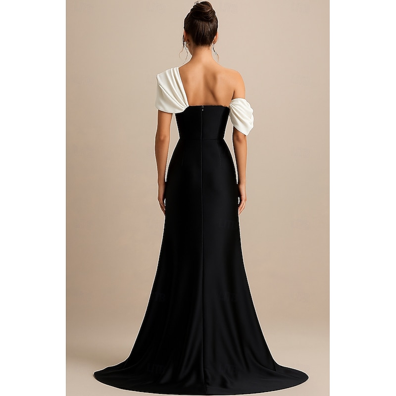 Black White A-Line Evening Gown Elegant Formal Dress Formal Wedding Floor Length Sleeveless One Shoulder Pink Dress Satin with Pleats 20252