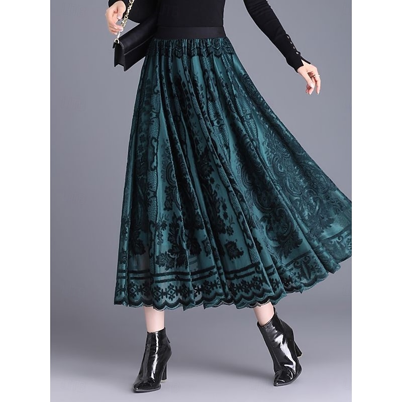 Women's Skirt A Line Elegant Fashion Maxi High Waist Skirts Floral Lace Pleated Stretchy Street Daily Black Red Green Coffee Spring Velvet