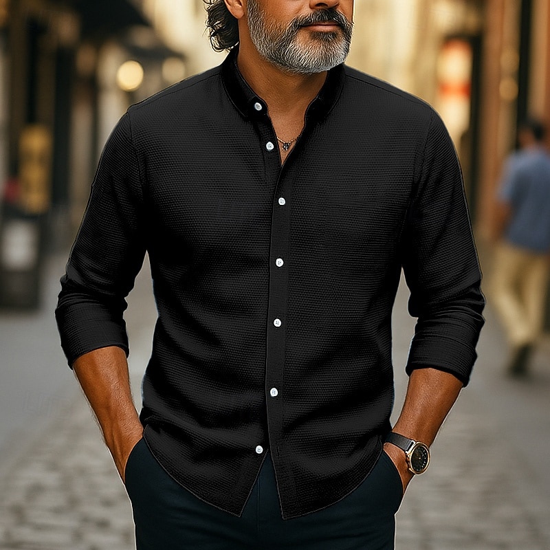 Men's Shirt Waffle Shirt Casual Shirt Button Up Shirt Untucked Shirts Black White Blue khaki Long Sleeve Plain Lapel Casual Daily Clothing Apparel Knitwear Fashion Streetwear Cool