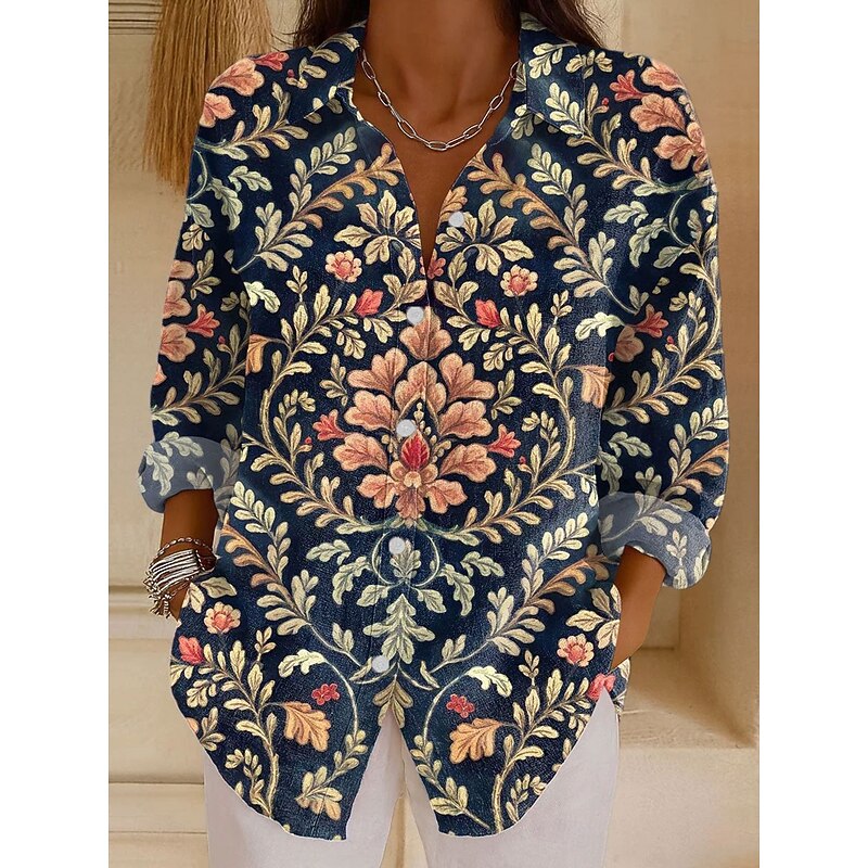 Women's Shirt Graphic Geometric Abstract Vintage Tropical Daily Long Sleeve Shirt Collar Regular Tops Daily Holiday Print Black Red Blue Purple Orange Spring Fall3