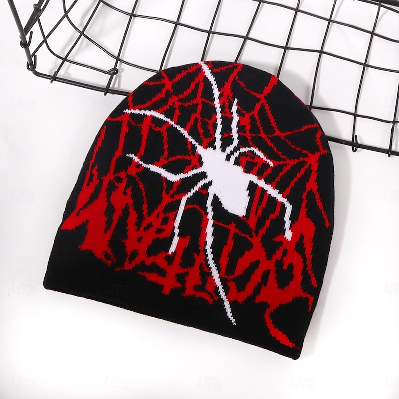 Men's Unisex Beanie Hat Winter Hats Beanies Skull Cap Knit Hat Light Blue Black Acrylic Fibers Jacquard Knitted Cozy Halloween Daily Wear Festival Spider Spider web Warm4