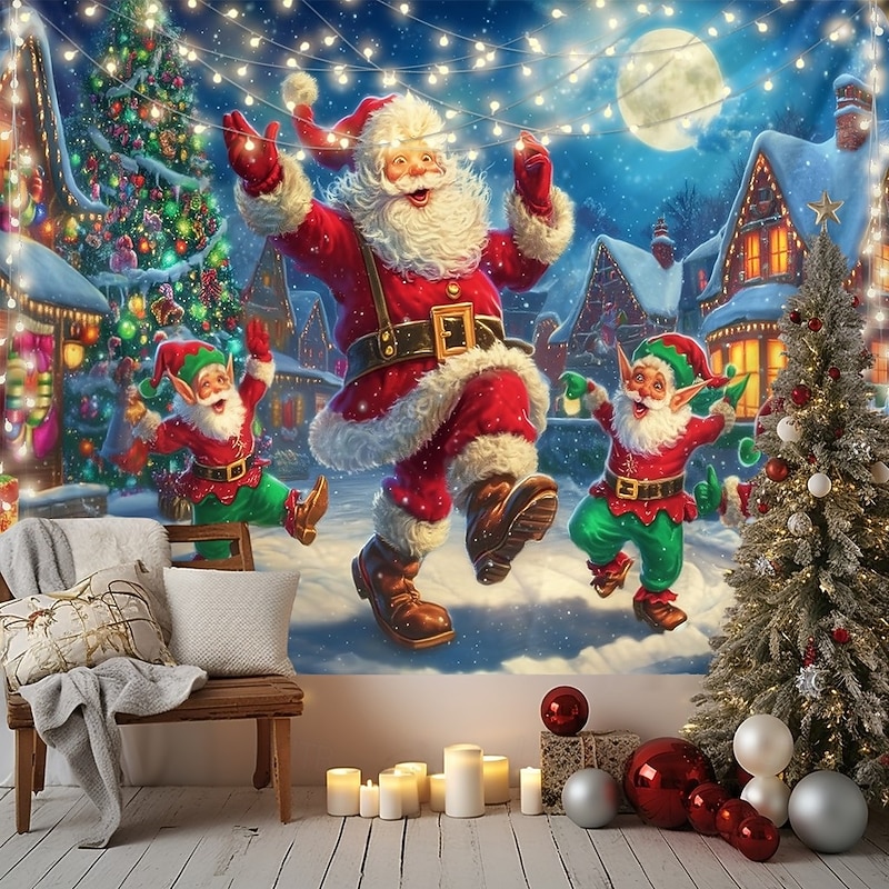Christmas Wall Tapestry Backdrop, Santa Claus Flying Sleigh with Reindeer under Night Sky, 2025 Xmas Winter Wonderland Holiday Wall Hanging for Bedroom Living Room2