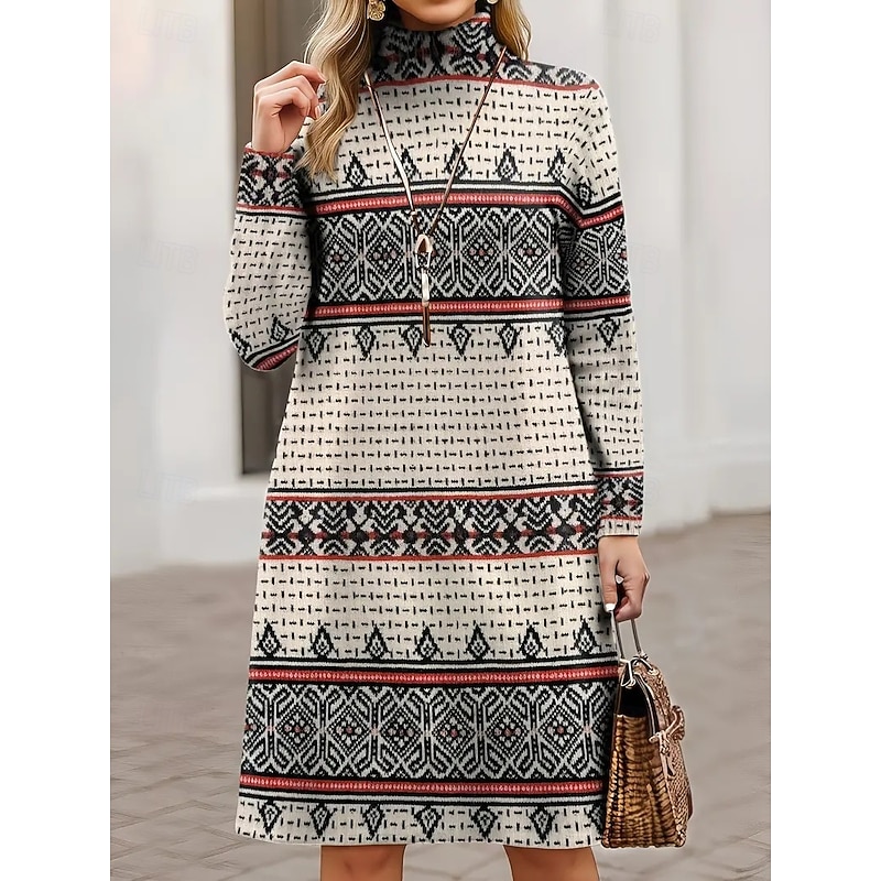 Women's Sweater Dress Mini Dress Shift Dress A Line Dress Vacation Party Casual Outdoor Home Casual Loose Fit Ombre Graphic Paisley Long Sleeve Turtleneck Blue khaki Gray Spring Fall Winter3