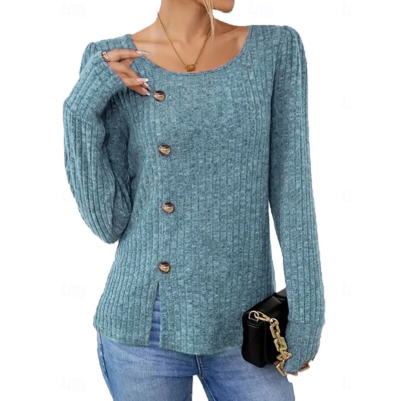 Women's Blouse Solid Color Stylish Casual Long Sleeve Crew Neck Regular Tops Daily Buttons Black Red Blue Khaki Gray Spring Fall Winter