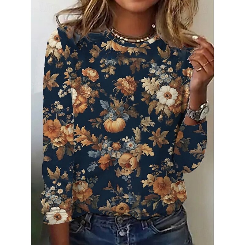 Women's T Shirt Floral Elegant Vintage Fashion Long Sleeve Crew Neck Regular Tops Daily Going out Weekend Print Blue Orange Summer Spring