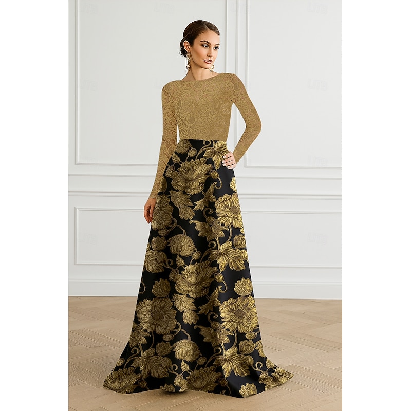 Black and Gold Floral Jacquard A-Line Evening Gown Elegant Formal Dress Formal Wedding Floor Length Long Sleeve Boat Neck Lace Applique 20254