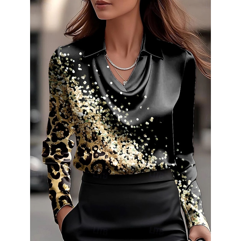 Women's Shirt Ombre Graphic Geometric Elegant Stylish Basic Long Sleeve Cowl Neck Regular Tops Work Party Evening Wear Daily Ruched Draped Black And White Black and gray Black Fall Winter
