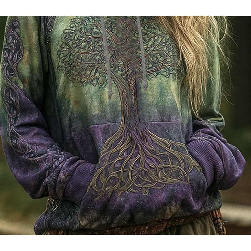 Women's 3D Print Vintage Boho Hoodie Patchwork Hoodie Sweatshirt Floral Viking Pullover Sweatshirt  Casual Long Sleeve Hooded  Street Dailywear Patchwork Print Front Pocket Purple Spring Fall Winter3