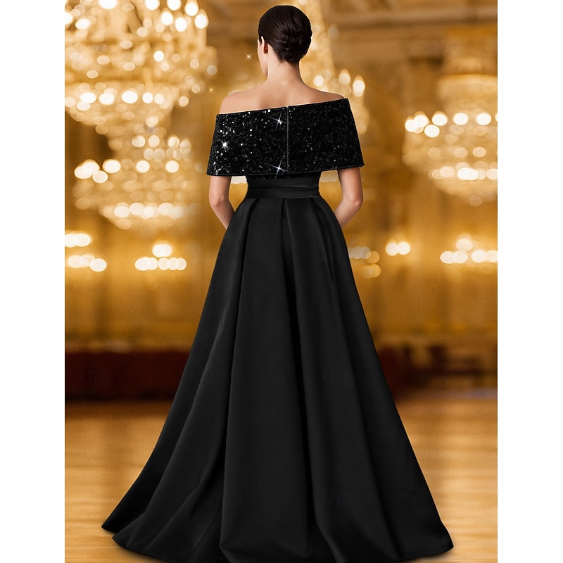 A-Line Evening Gown Elegant Formal Dress Formal Wedding Floor Length Long Sleeve One Shoulder Pocket Stretch Satin with Glitter 20253