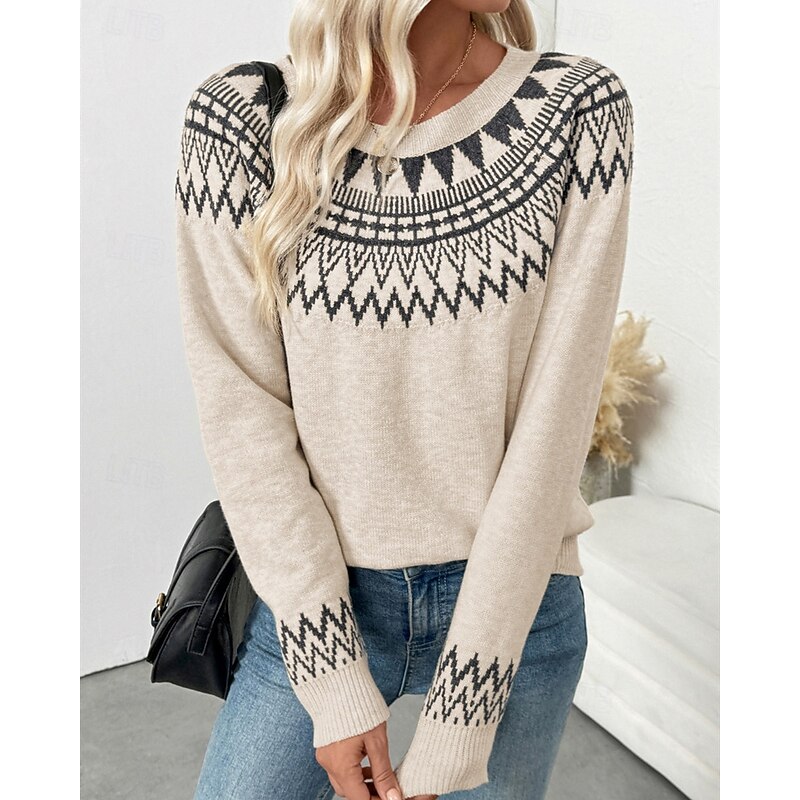 Women's Sweater Fair Isle Sweater Pullover Vintage Fashion Casual Geometric Ribbed Crew Neck Knitted Print Long Sleeve Regular Tops Knit Christmas Outdoor Daily Apricot Fall Winter2