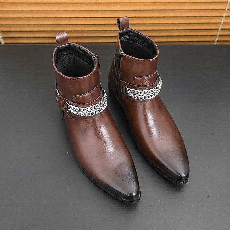 Men's Brown Faux Leather Chelsea Boots with Chain Accent, Sleek and Modern Look for Formal Office Attire, Parties and Evenings Out3