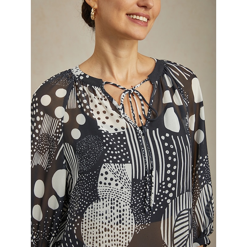 Women's Female Casual Shirt Abstract Casual Puff Sleeve Black Graphic 3/4 Length Sleeve Elegant Bohemia Vacation V Neck Summer4