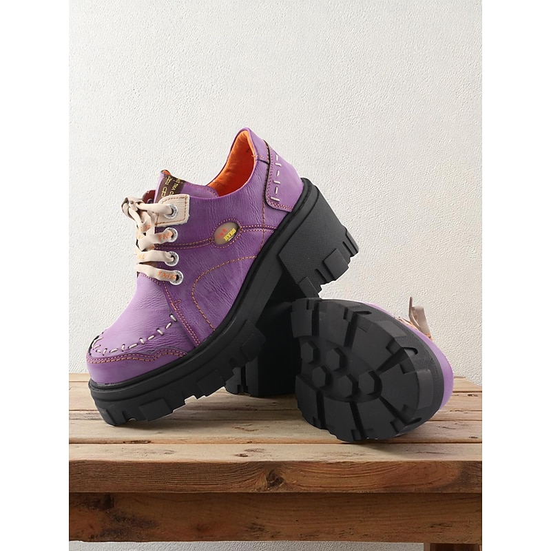 Women's Green Genuine Leather Chunky Sole Lace-Up Casual Shoes – Retro Leather Oxford Style Shoes for Autumn Fashion and Outdoor Walking2