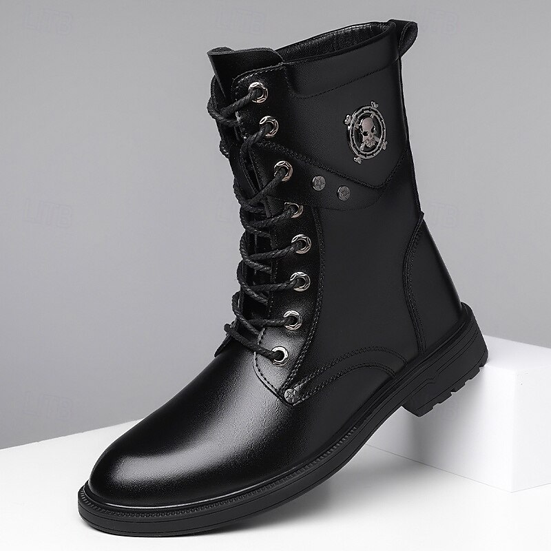 Black Faux Leather Lace-Up Men's Combat Boots with Round Metal Logo, Chunky Sole, and Military Style – Perfect for Harley Riders, Punk Rock Fashion, Casual Outdoor Wear and Everyday Use3