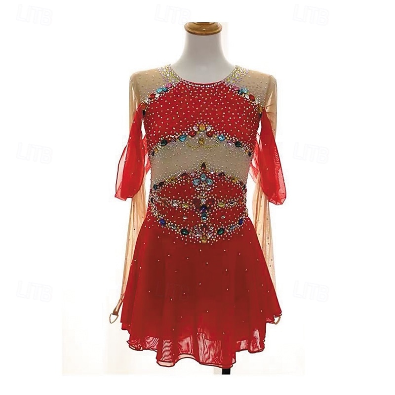 Figure Skating Dress Women's Girls' Ice Skating Dress Red Patchwork Thumbhole Mesh Spandex Stretchy Training Practice Professional Skating Wear Thermal Warm Crystal / Rhinestone Long Sleeve Ice2