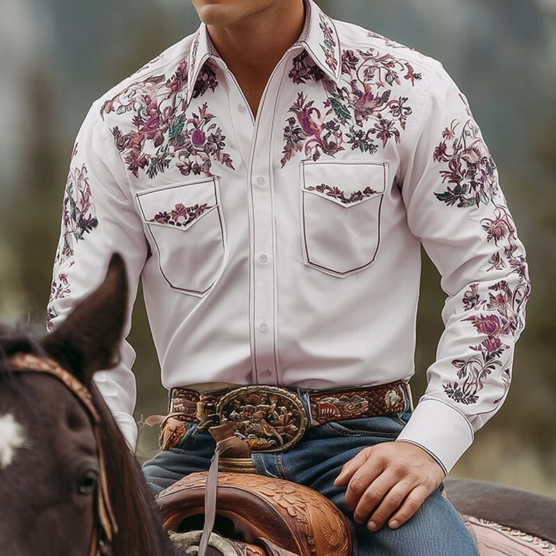 Men's Floral Print Flowers Shirt Western Shirt Cowboy Shirt Long Sleeve Vintage Retro Outdoor Casual WorkWear Spring Fall Turndown Front Two Pockets Linen Like Shirt Button Up Shirts Pink Blue Purple2
