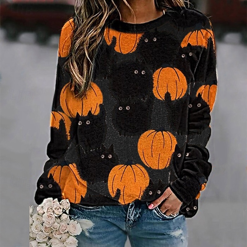 Women's Pullover Sweatshirt Sweatshirts Cat Pumpkin Streetwear Casual Long Sleeve Crew Neck Regular Tops Street Holiday Going out Print Black Yellow Dark Green Orange Green Fall Winter4