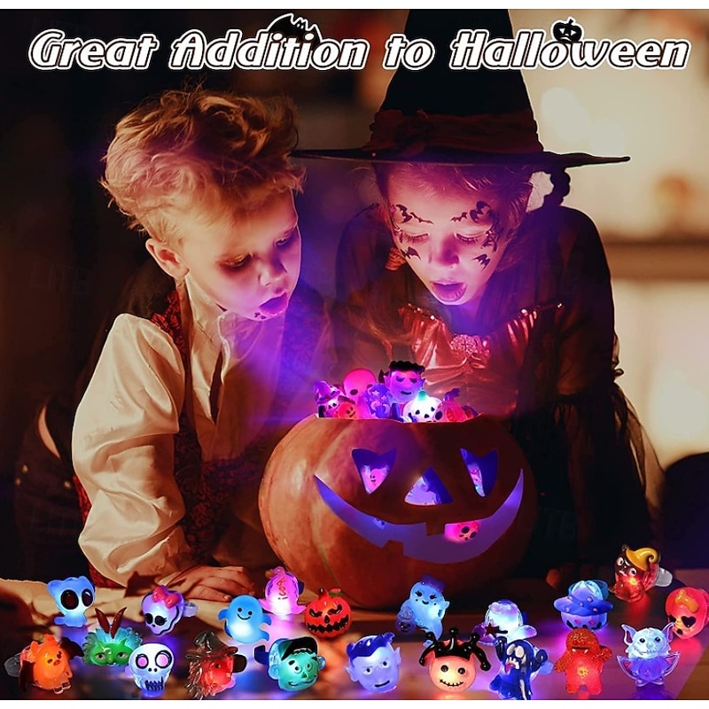 50pcs LED Glow-in-the-Dark Halloween Rings - Spooky Pumpkin Skull & Bat Designs  Battery-Powered Fun for Parties Decorations & Celebrations  Durable Plastic Playful Accessories3