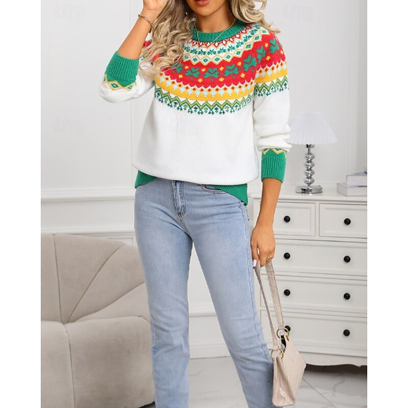 Women's Sweater Pullover Streetwear Casual Floral Ribbed Crew Neck Knitted Print Long Sleeve Regular Tops Knit Christmas Daily Holiday White Pink Fall Winter4