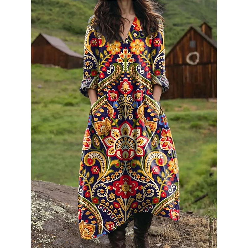 Women's Maxi Dress Sundress A Line Dress Vacation Casual Boho Birthday Daily Holiday Loose Fit Floral Graphic Geometric Long Sleeve V Neck Black Blue Orange Spring Fall3