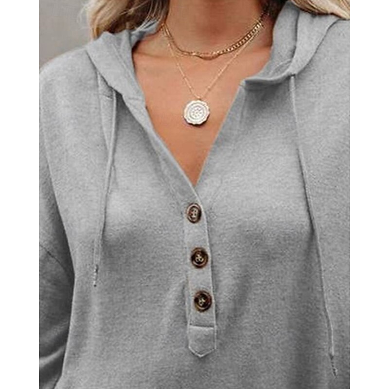 Women's Pullover Hoodie Sweatshirt Plain Sports Fashion Casual Long Sleeve Hooded Regular Tops Street Dailywear Buttons Gray Fall Winter2