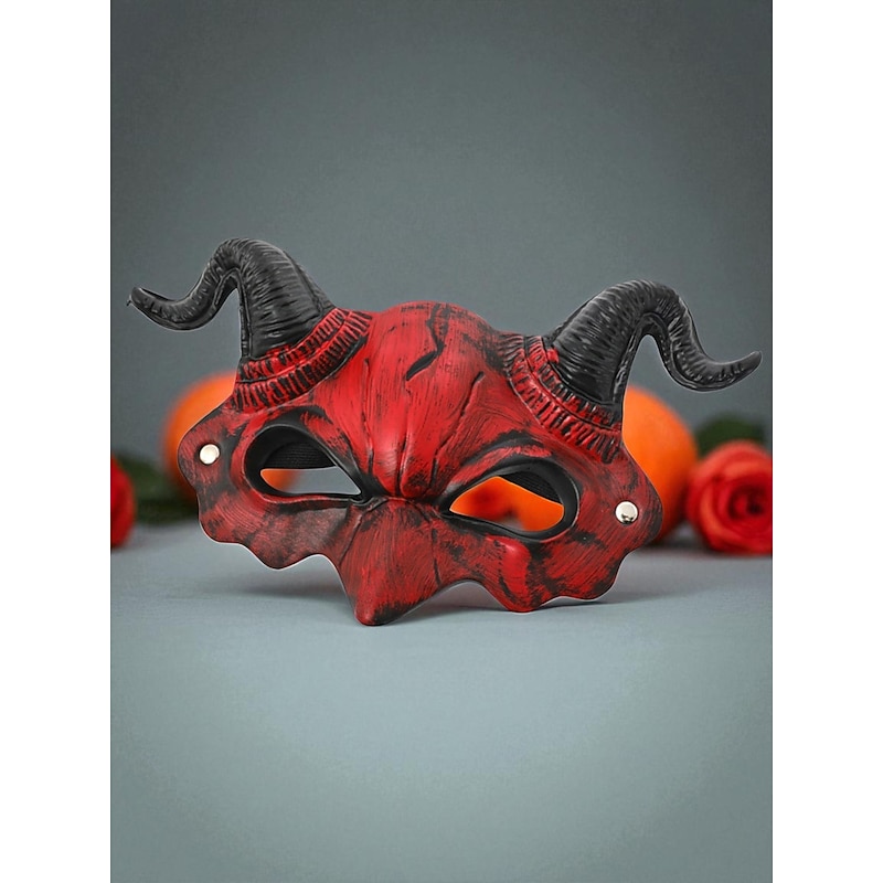 Unisex Red Devil Horn Latex Mask, Scary Gothic Horror Costume Accessory for Halloween Parties and Masquerade Balls2