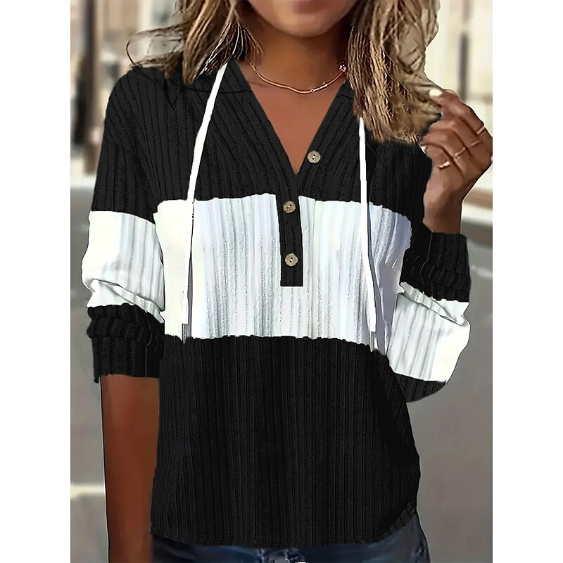 Women's Pullover Hoodie Sweatshirt Striped Elegant Casual Long Sleeve Hooded Regular Tops Holiday Buttons Black Red Blue Khaki Summer Fall4