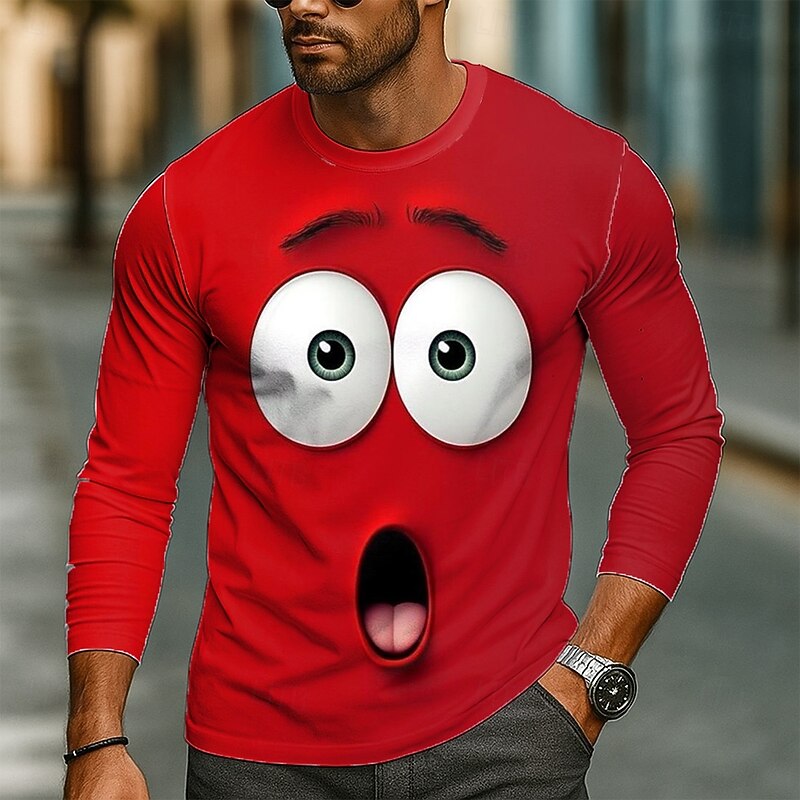 Men's 3D Funny Emotes T Shirt Long Sleeve T shirt 3D Print Crew Neck Shirt Fashion Exaggerated Street Daily Lake Blue Red Green Summer Spring Fall Clothing Apparel S M L XL XXL XXXL