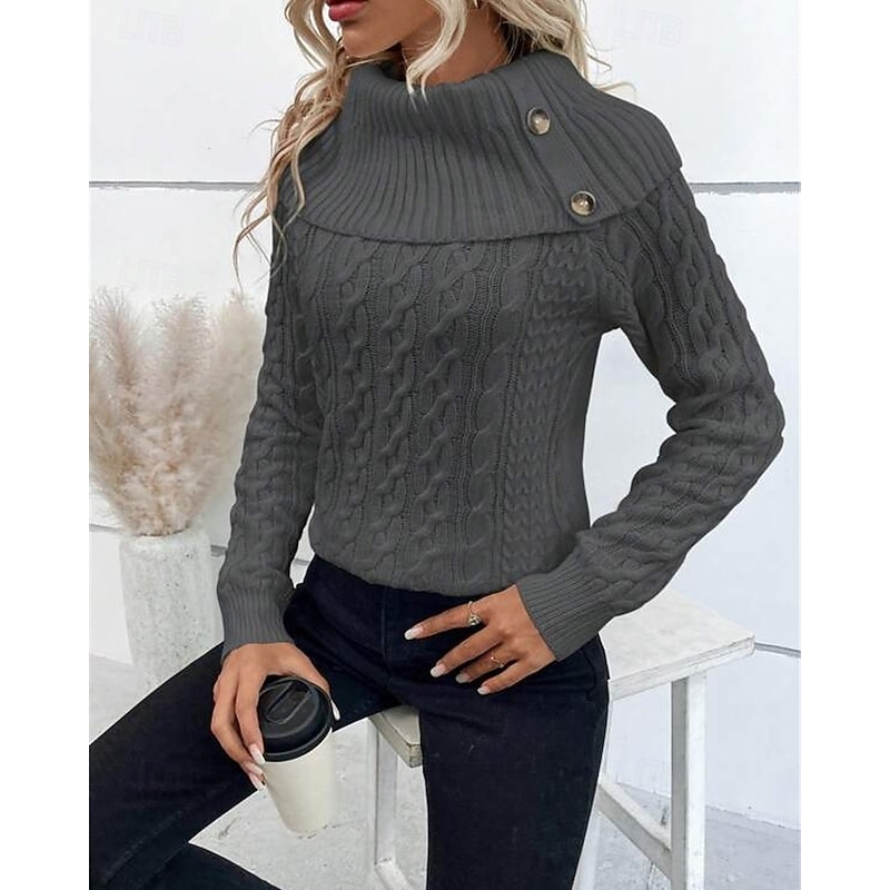 Women's Sweater Pullover Fashion Casual Pure Color Ribbed Turtleneck Buttons Knitted Long Sleeve Regular Tops Knit Outdoor Daily Weekend Khaki Dark Gray Fall Winter