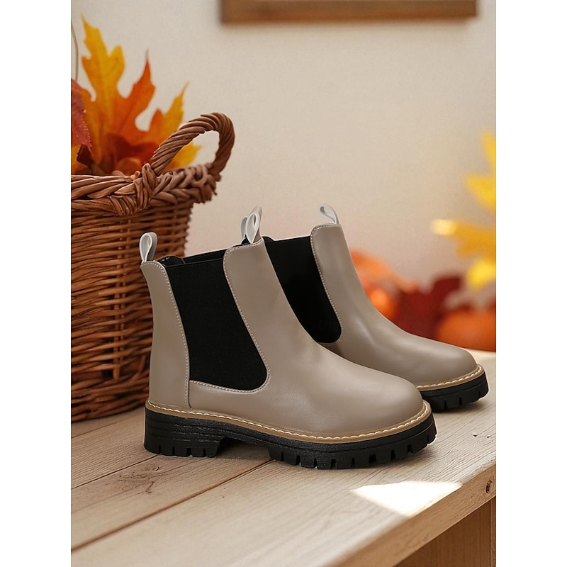 Women's Chelsea Ankle Boots – Faux Leather Slip-On Elastic Side Chunky Heel Shoes for Daily Wear and Fall Fashion