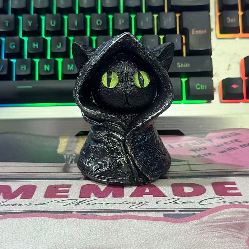 Halloween Black Cat in The Hat Statue Mysterious Hooded Cat Figurine Fantasy Mystic Sculpture with Glowing Eyes Unique Gift for Cat Lovers & Gothic Home Decor3