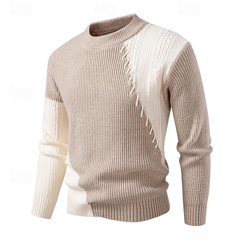 Men's Sweater Pullover Sweater Jumper Ribbed Knit Regular Tops Patchwork Knitted Color Block Crew Neck Knitwear Contemporary Casual Daily Wear Clothing Apparel Fall Yellow Apricot M L XL4