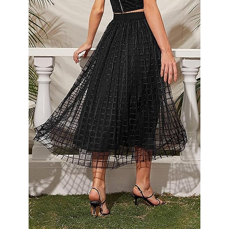 Women's Skirt A Line Fashion Casual Midi High Waist Skirts Plain Pocket Layered Tulle Micro-elastic Street Daily Black Spring Polyester3