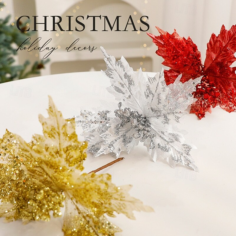 3 Pack Christmas Artificial Poinsettia Flowers, Holiday-Themed Poinsettia and Maple Leaf Decorations, Xmas Tree Ornaments, Festive Home Decor, Seasonal Holiday Display Accessories