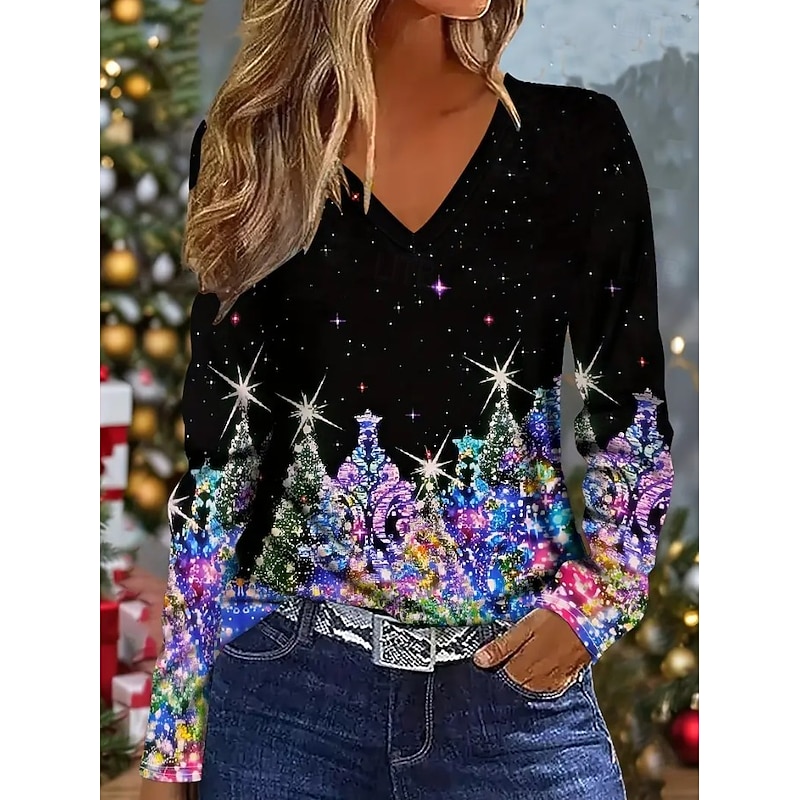 Christmas Women's T Shirt Graphic Christmas Vintage Stylish Classic Long Sleeve V Neck Regular Tops Daily Print Black Wine Red Blue Green Spring Fall Winter