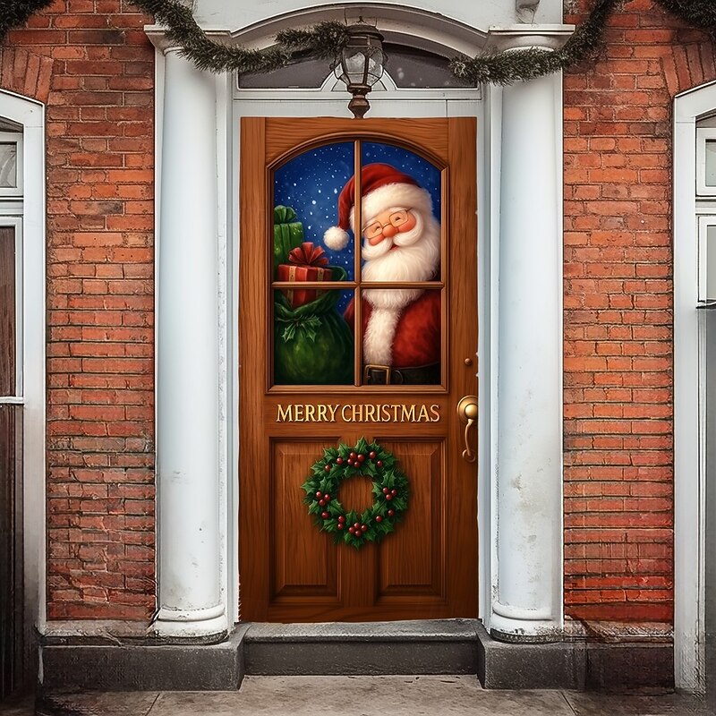 Christmas Door Cover, Santa Claus Holding Gift Sack Holiday Door Curtain, 2025 Xmas Festive Door Hanging for Porch Entryway Party Home Decoration2