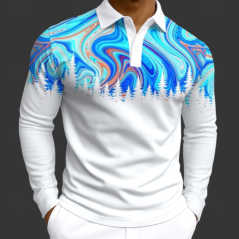 Men's Abstract Geometic Polo Long Sleeve Polo Shirts Lapel Casual Athleisure Daily Wear 3D Print Buttons Spring Fall Winter Blue Orange2