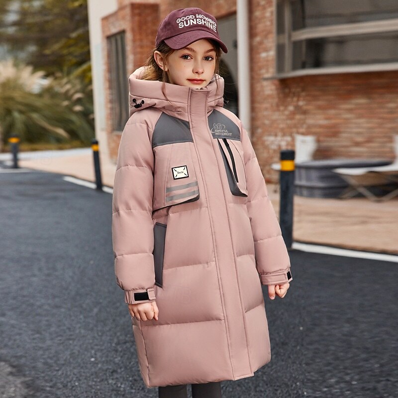 Kids Girls' Down Jacket Outdoor Jacket Puffer Jacket Solid Color Fashion Waterproof Keep Warm Windproof Outdoor Coat Outerwear 4-12 Years Fall Black Pink Beige4