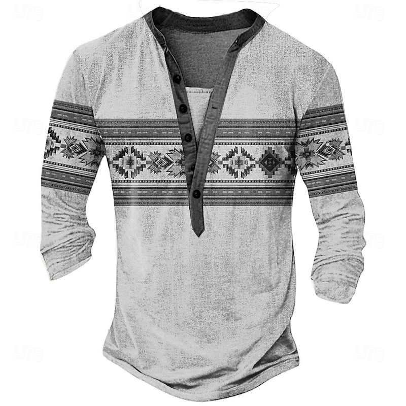 Men's Aztec Ethnic T Shirt Henley Shirt Long Sleeve Vintage Designer Retro Vintage Street Casual Daily Summer Spring Fall Light Gray Blue Green Khaki Henley Henley T-Shirt4