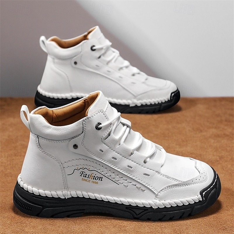 Men's White Handmade Casual Boots with Lace-Up Design, Non-Slip Sole and Lightweight Comfort, Stylish Streetwear Boots for Daily Wear and Travel2