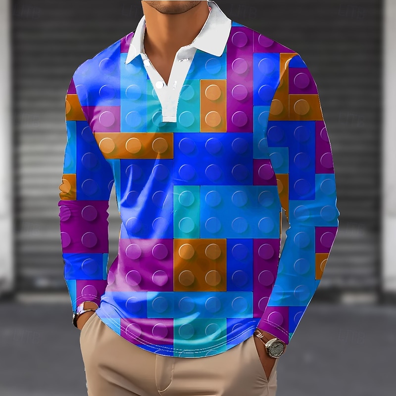 Men's Geometric Polo Long Sleeve Polo Shirts Lapel Casual Outdoor Street Athleisure Daily Wear 3D Print Buttons Spring Fall Winter Yellow Blue2