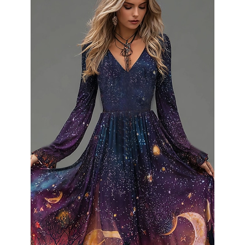 Halloween Women's Maxi Dress A Line Dress Boho Date Regular Fit Ombre Long Sleeve V Neck Purple Fall Winter2
