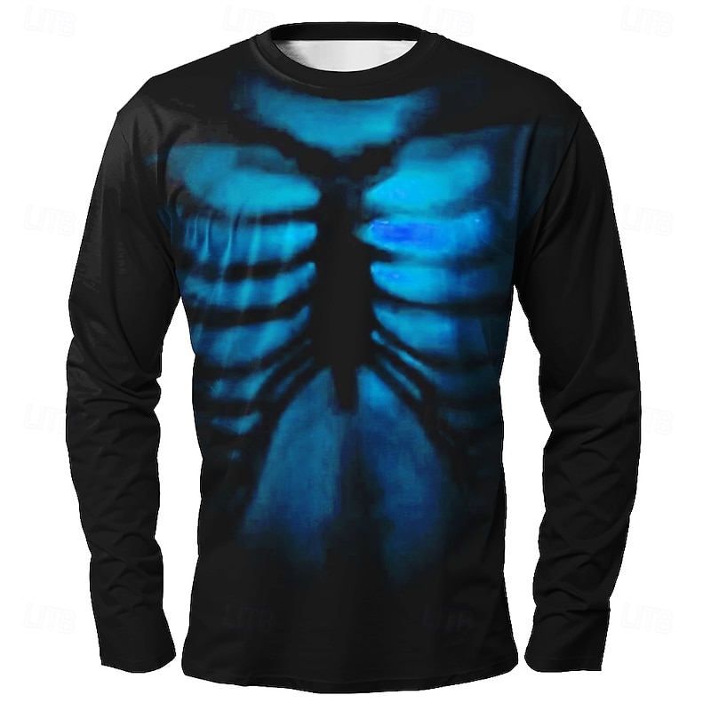 Halloween Men's 3D Flame Skeleton T Shirt Long Sleeve T shirt 3D Print Crew Neck Shirt Fashion Exaggerated Street Casual Daily Red Blue Green Summer Spring Fall Clothing Apparel S M L XL XXL XXXL3