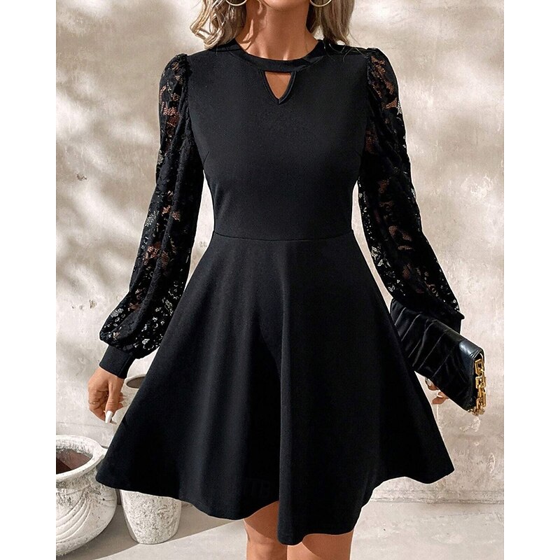 Women's Mini Dress Black Dress Casual Dress Cocktail Dress Formal Dress Elegant Fashion Modern Lantern Sleeve Daily Evening Party Weekend Regular Fit Plain Long Sleeve Crew Neck Black Spring Fall2