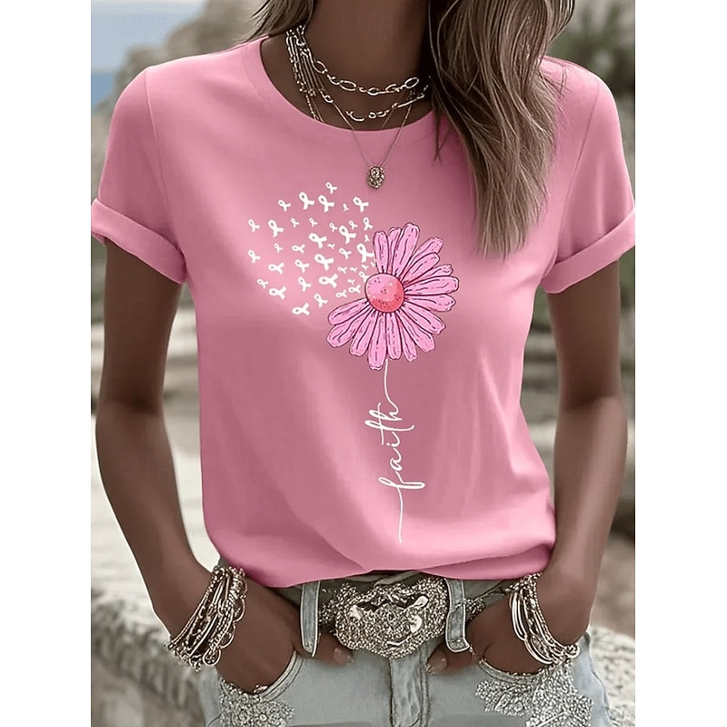Women's T Shirt Floral Graphic Vintage Stylish Classic Short Sleeve Crew Neck Round Neck Regular Tops Daily Going out Weekend Print Black White Pink Rose Pink Summer Spring Fall - Main Image