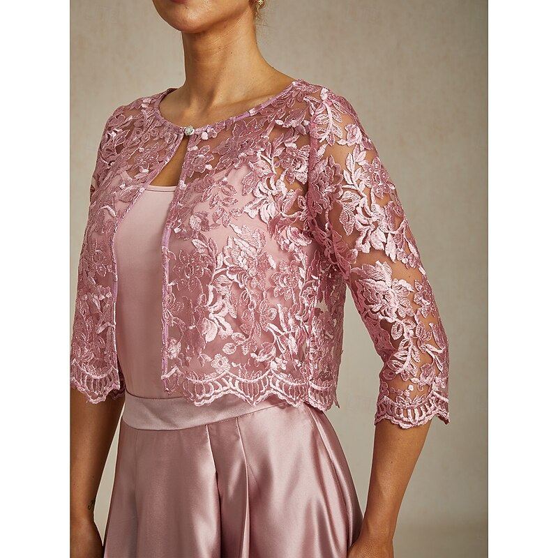 Women's Lace Tops Jacket Floral Elegant Party Crew Neck Crop Tops Wedding Guest Party Evening Wear Lace Embroidered Blush Pink Summer Spring Fall3