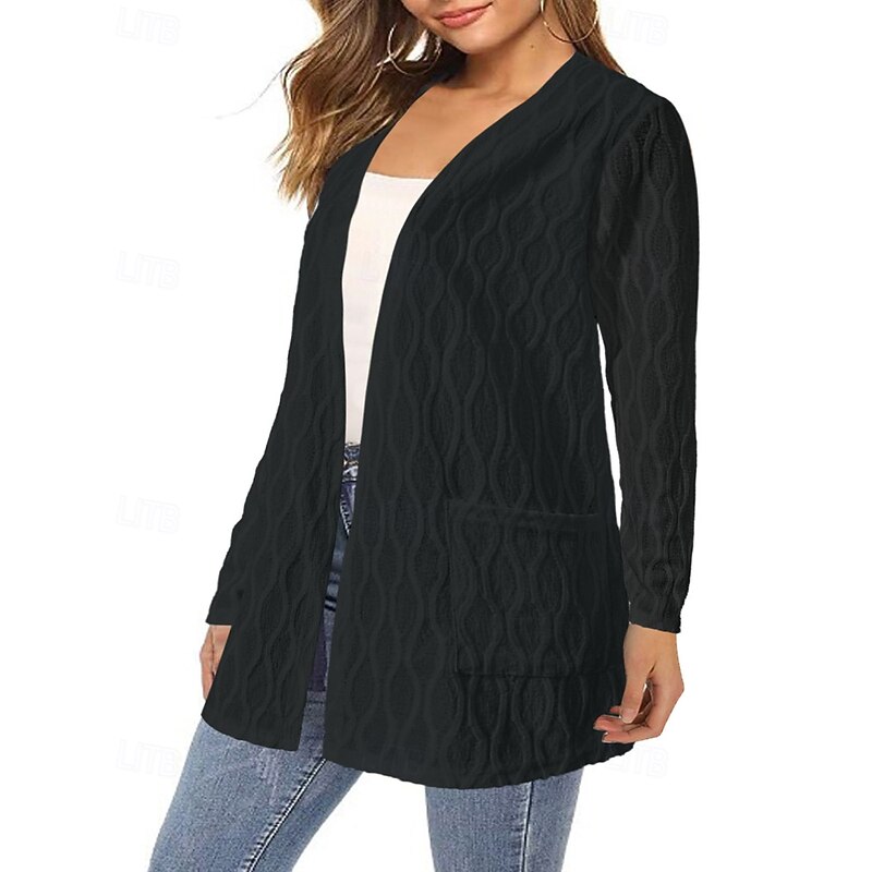 Women's Sweater Cardigan Streetwear Casual Solid Color Open Front Pocket Knitted Long Sleeve Regular Tops Knit Daily Going out Weekend Black White Fall Winter2